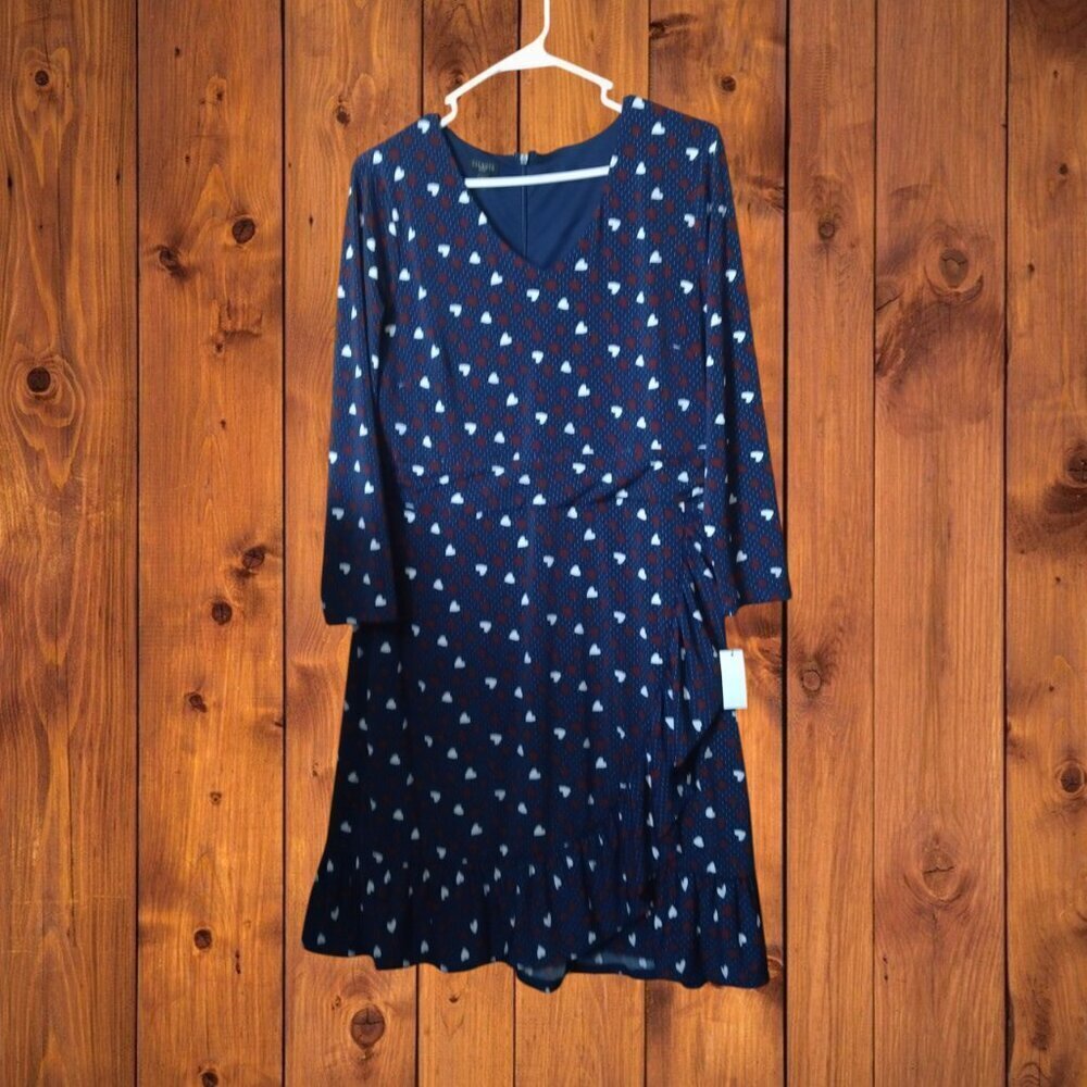 Talbots  Size 16P Heart Print Faux Wrap Ruffle Dress Long Sleeve New